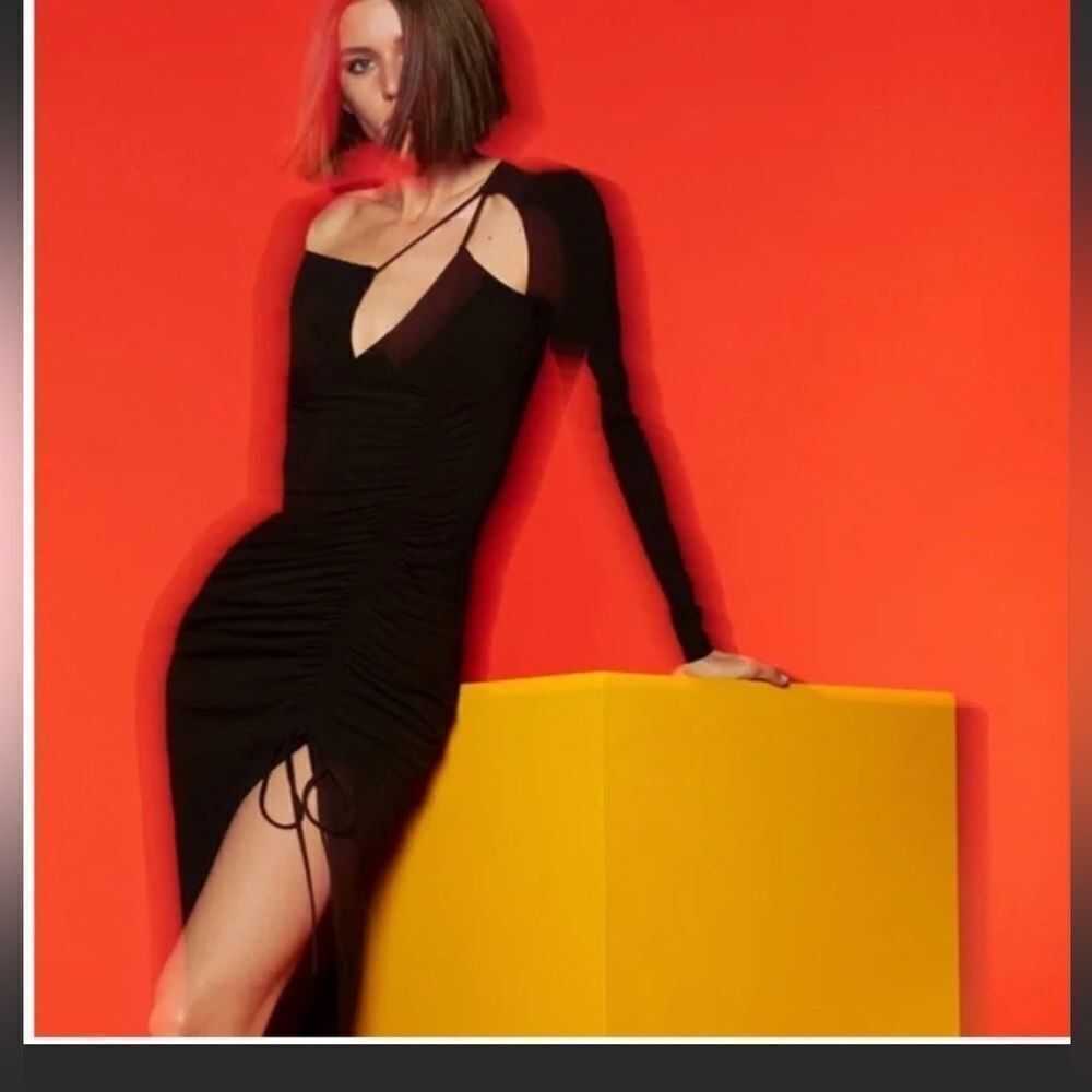 Galita black long sleeve front neckline midi dress